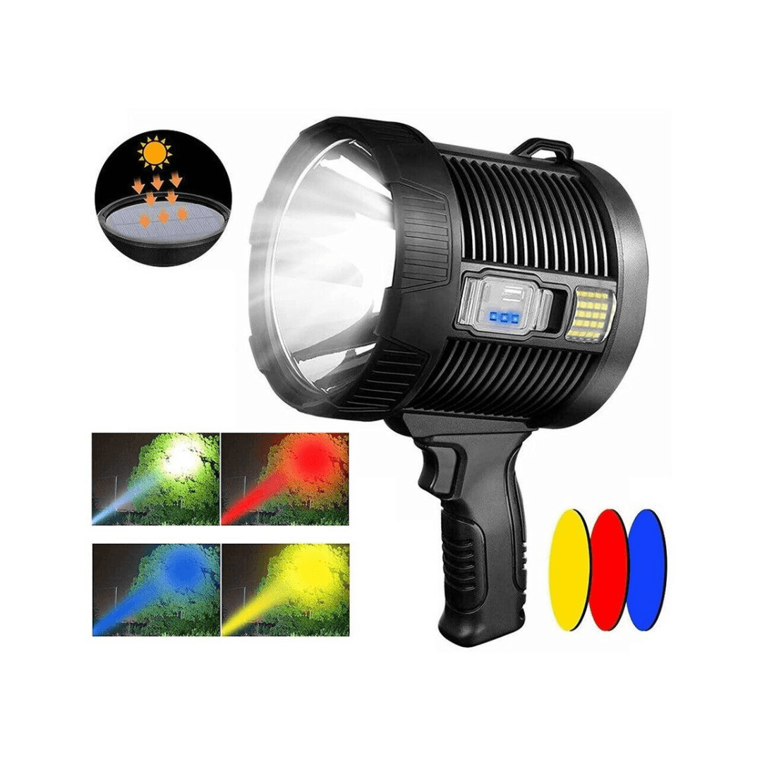 Rechargeable LED Spotlight Flashlight – 900000 Lumens, Solar & USB