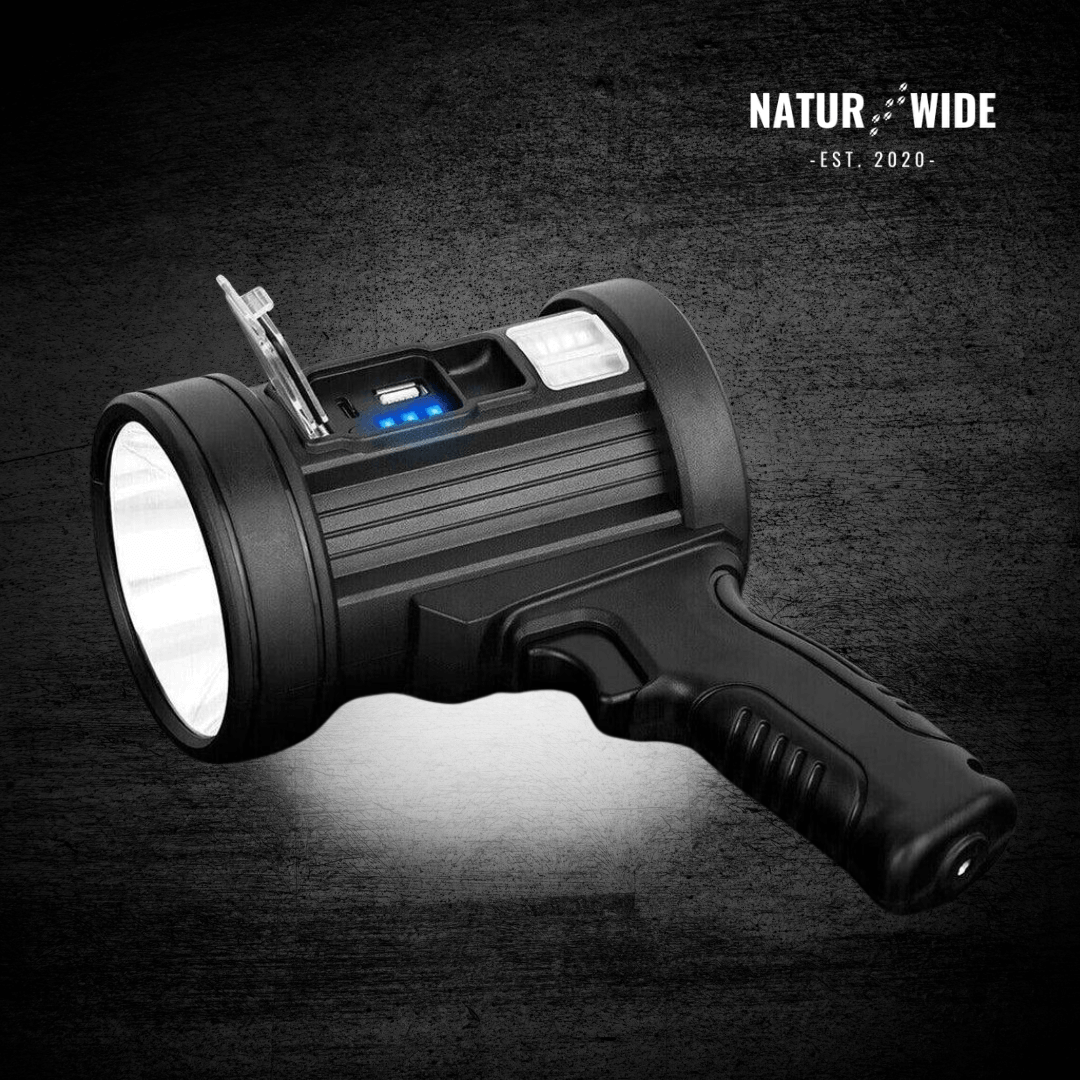 Rechargeable LED Spotlight Flashlight – 900000 Lumens, Solar & USB
