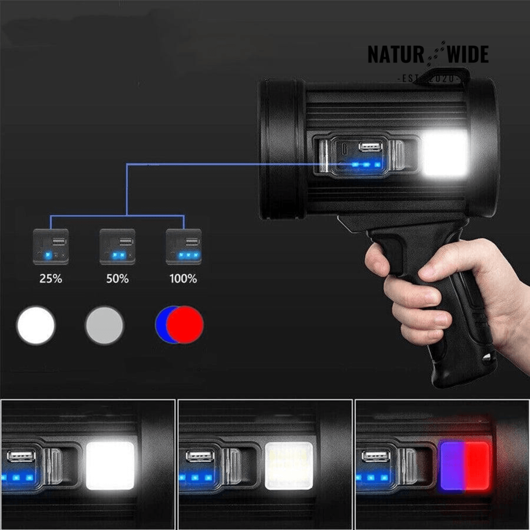Rechargeable LED Spotlight Flashlight – 900000 Lumens, Solar & USB