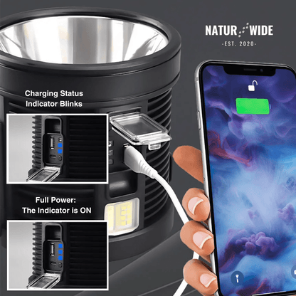 Rechargeable LED Spotlight Flashlight – 900000 Lumens, Solar & USB
