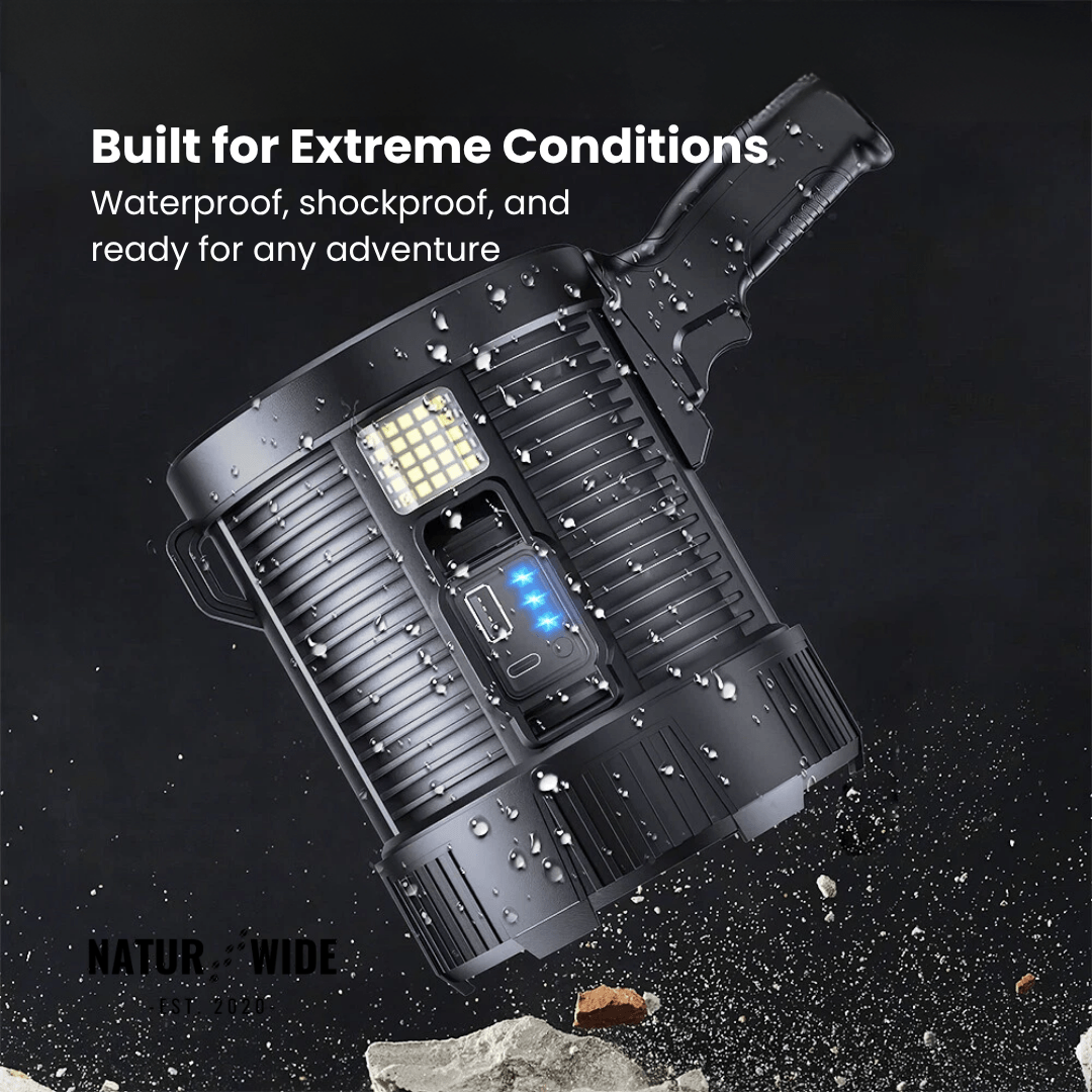 Rechargeable LED Spotlight Flashlight – 900000 Lumens, Solar & USB