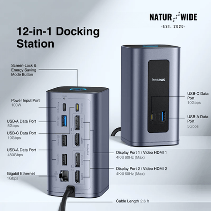 12-in-1 USB-C Hub – Dual 4K HDMI, 100W PD, RJ45, SD/TF