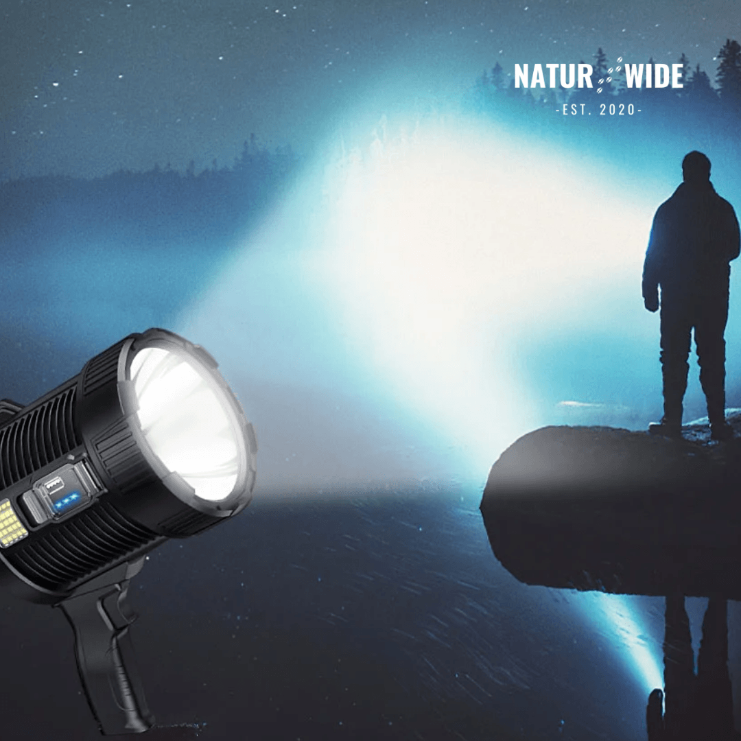 Rechargeable LED Spotlight Flashlight – 900000 Lumens, Solar & USB