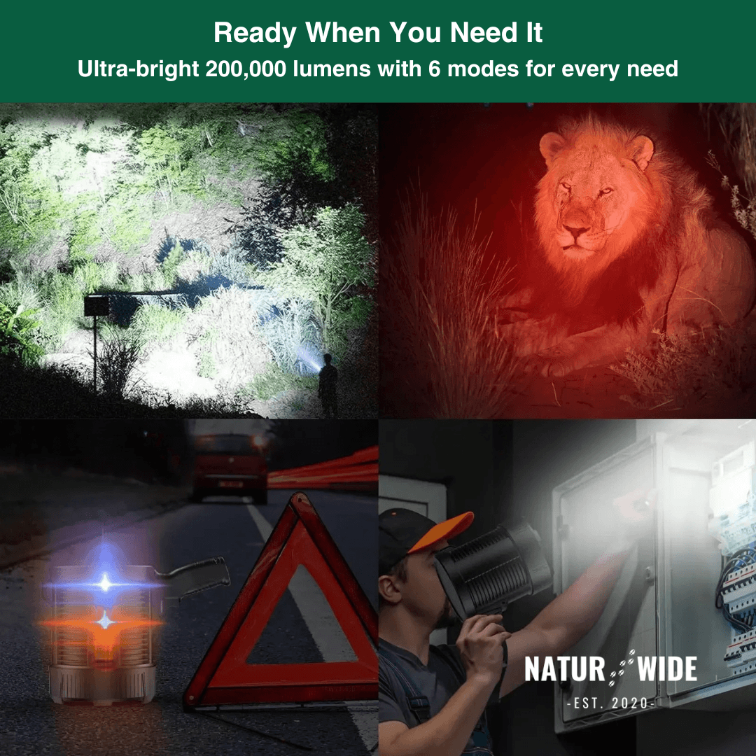 Rechargeable LED Spotlight Flashlight – 900000 Lumens, Solar & USB