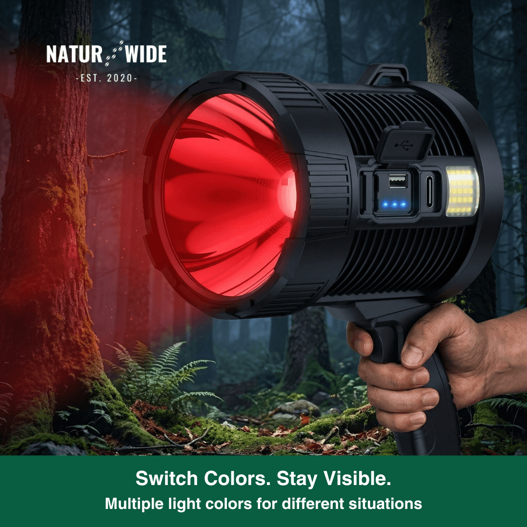 Rechargeable LED Spotlight Flashlight – 900000 Lumens, Solar & USB