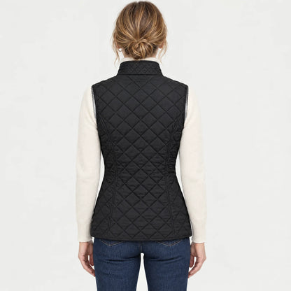 Back view of the black women's heated vest, worn