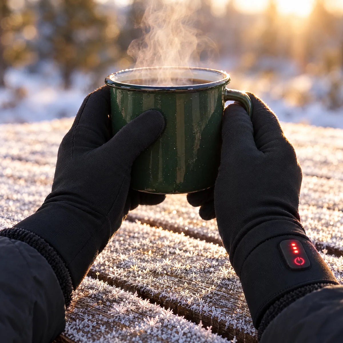 Hands in heated glove liners holding a steaming mug on a frosty morning