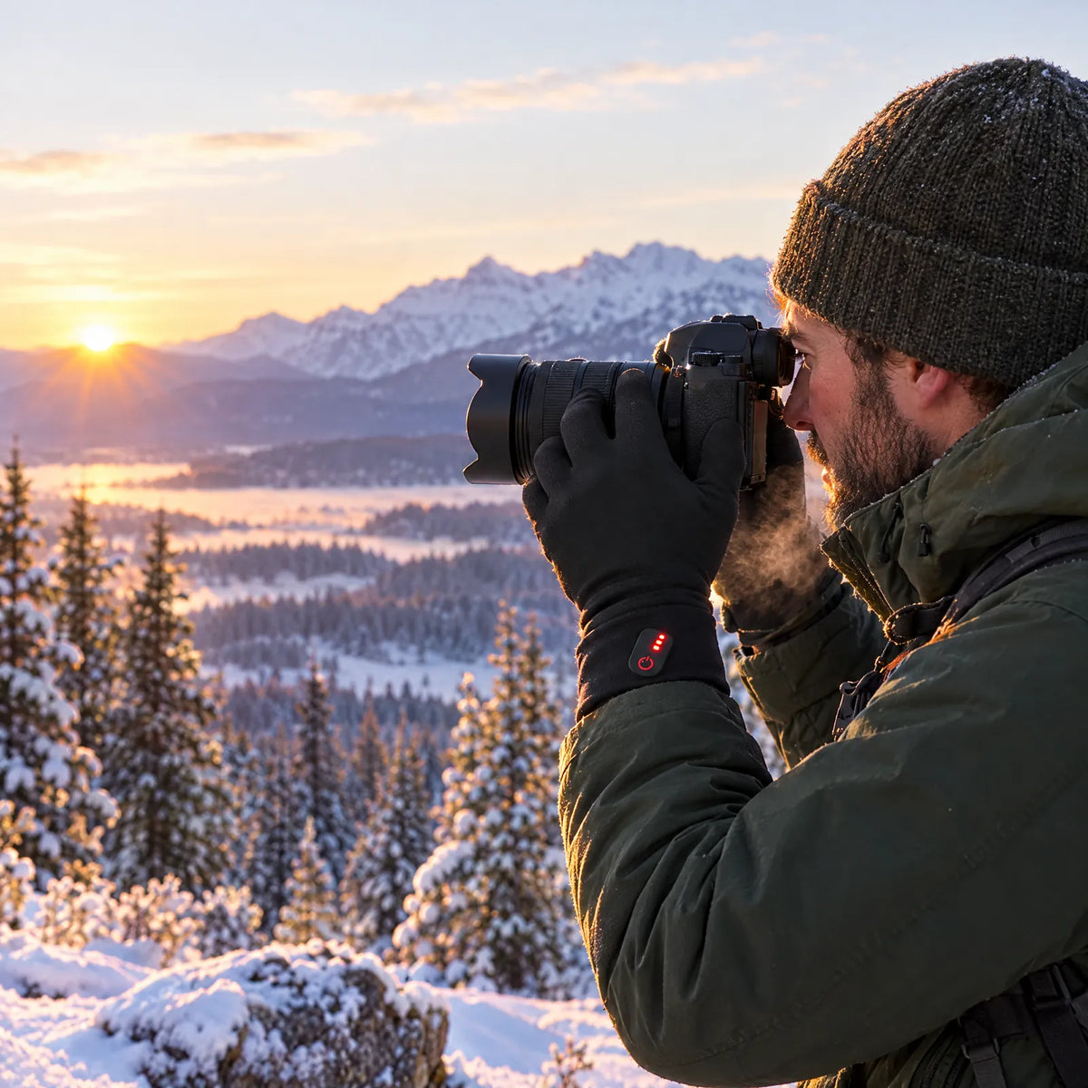 Fotograf mit beheizten Unterziehhandschuhen bei Sonnenaufgang im Schnee