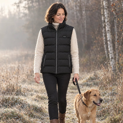 Woman in the heated vest 2.0 walking her dog